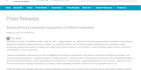 ADI完成對(duì)美信的收購(gòu),12個(gè)月收入將超90億